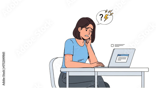 Frustrated woman stressed from computer work, expressing confusion and worry