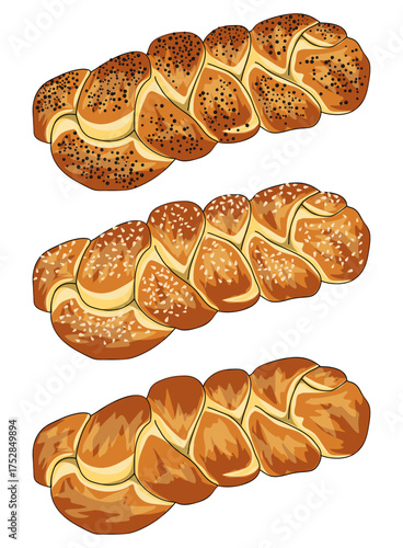 Challah Bread Set with Poppy Seeds, Sesame Seeds & Plain Braided Loaves Variations - Holiday Sweet Baked Cuisine Illustration