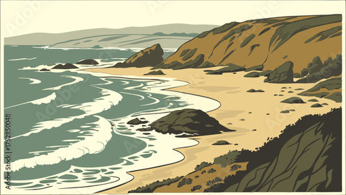 Peaceful Coastal Landscape with Sandy Beach, Rolling Ocean Waves, and Rugged Cliffs. Serene Nature Scene for Travel, Tourism, Wellness, and Web Design.