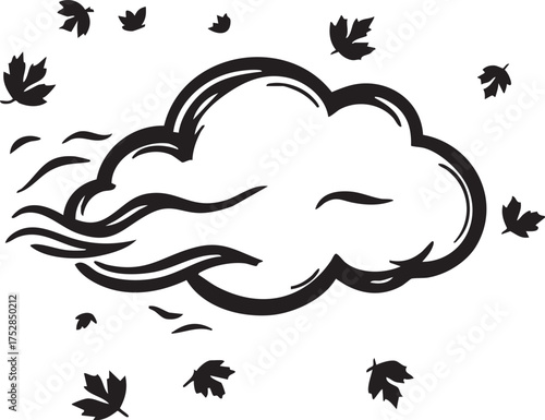 Wind vector illustration—black-and-white silhouette of cloud with gust lines and flying leaves for nature and weather themes