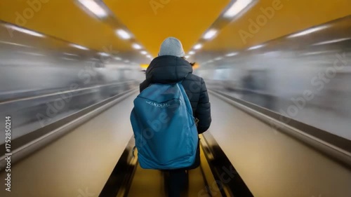 A blurred figure navigating a conveyor belt station, emphasizing movement and transition, highlighting the process of transport and the essence of journeying through busy environments.