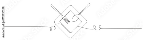 Continuous line art of a dishware set in the form of a square plate, spoon, and fork. This icon is for a sticker or banner of a restaurant. Vector illustration