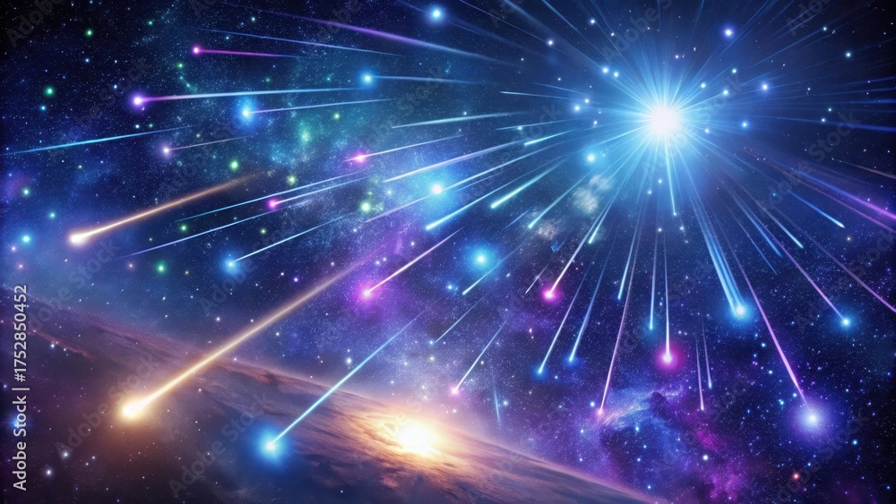 Obraz premium Celestial Event A Radiant Display of Shooting Stars Streaking Across the Cosmos Towards a Planet at Sunrise