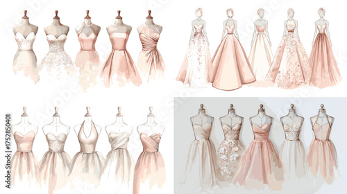 Elegant fashion design sketches of pink and beige evening dresses on mannequins. Stylish couture illustration for bridal, boutique, or designer concept artwork.