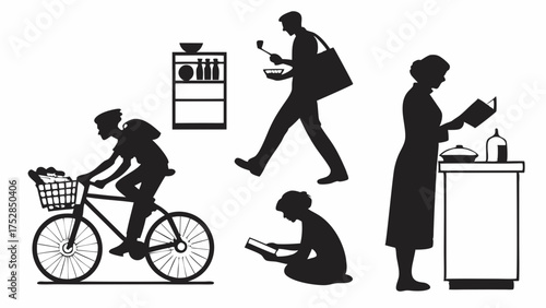 Daily Life Activities Silhouettes Healthy Living Home Cooking Reading Cycling Shopping Wellness Routine