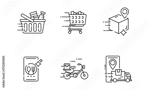 Set of Online Delivery icon, Food delivery, Store and Online Shopping thin line and pixel Symbol Outline icon Editable Stroke