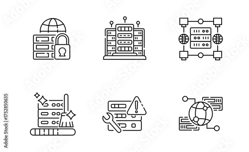 Set of Global Server icon, Server Problem and Cyber Security, Data Cleaning thin line and pixel Symbol Outline icon Editable Stroke
