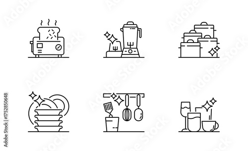 Set of Kitchen And Cookware icon, Pots and Dishes, Kitchen Utensils, Blender and Toaster thin line and pixel Symbol Outline icon Editable Stroke