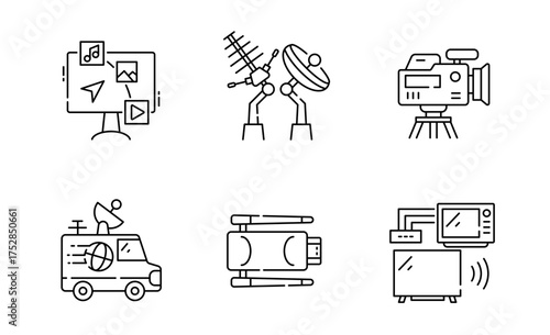 Set of Television and Multimedia icon, Broadcasting, Antenna and tv stick, Media Connection thin line and pixel Symbol Outline icon Editable Stroke