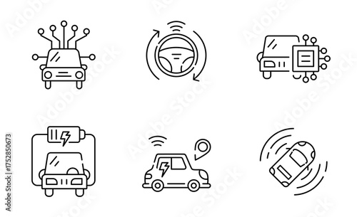 Set of Smart Car icon, Driverless Car, Autopilot thin line and pixel Symbol Outline icon Editable Stroke