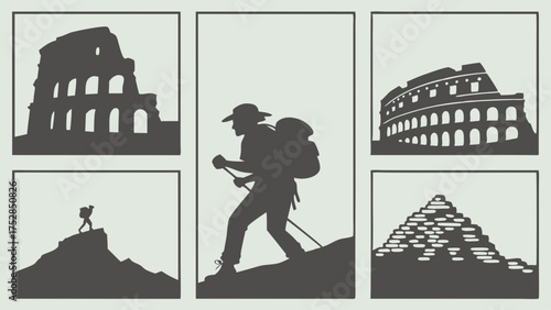 Adventure Travel and Historical Exploration Silhouettes. Hiker on Mountain and Ancient World Landmarks Colosseum Pyramids. Journey, Discovery, Achievement