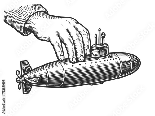 child hand playing a small toy submarine sketch engraving generative ai fictional character vector illustration. Scratch board imitation. Black and white image.