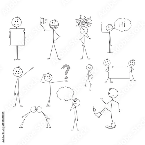 Diverse stick figure interactions showing emotions and actions