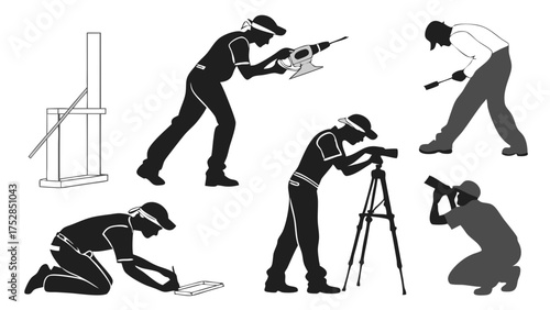 Skilled Tradespeople and Engineers Working with Tools for Building Construction and Surveying Projects