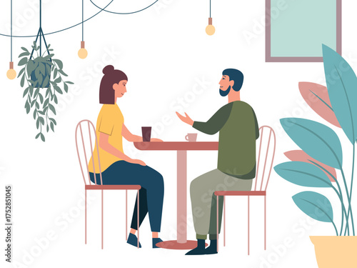 Man and women chatting at a table in a modern cafe. Flat Vector illustration isolated on white background