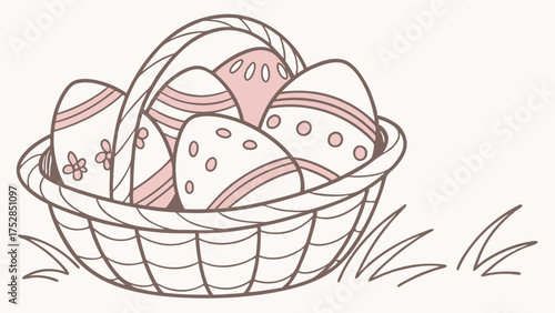Festive Easter Basket with Decorated Eggs. Perfect for Spring Holiday Celebrations, Joyful Family Events, Greeting Cards, and Web Design.