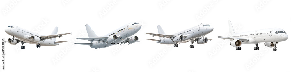 Obraz premium Commercial Airplanes: Four White Passenger Jets in Flight on White