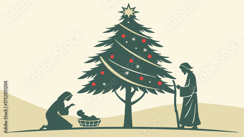 Traditional Christmas Nativity Scene with Holy Family and Festive Tree. Perfect for Holiday Greetings, Religious Events, and Seasonal Marketing.