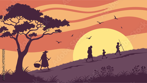 African Family Silhouettes Walking Uphill at Sunset Hopeful Rural Journey, Community, Culture, Travel
