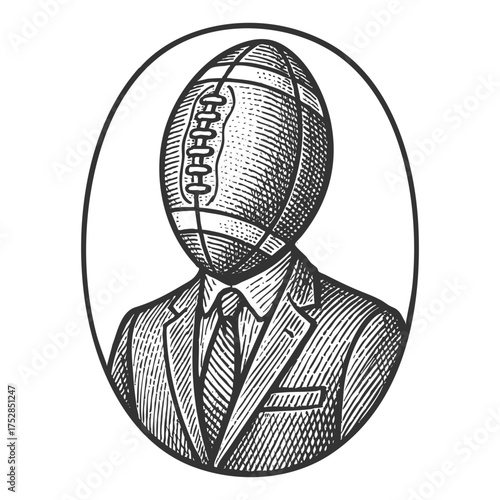 man in a suit with a rugby or football as his head, sketch engraving generative ai fictional character vector illustration. Scratch board imitation. Black and white image.