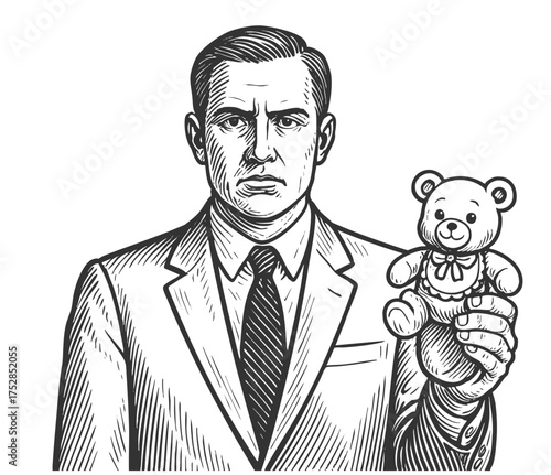 stern man in a business suit holding a small teddy bear, sketch engraving generative ai fictional character vector illustration. Scratch board imitation. Black and white image.