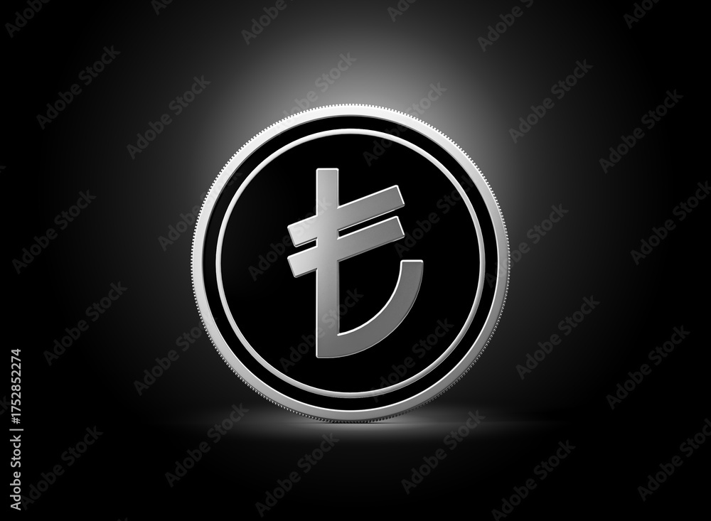 Fototapeta premium Silver And Black Rounded Turkish Lira Coin Isolated On Shiny Silver Glow Background 3d Illustration