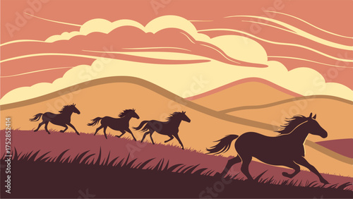 Dynamic Wild Horses Galloping Freely Across Hilly Landscape at Sunset Vector Art for Nature Travel Adventure and Freedom