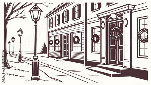 Charming Downtown Street Shops Decorated with Festive Holiday Wreaths. Nostalgic Winter Scene for Local Business Promotions and Community Event Marketing.