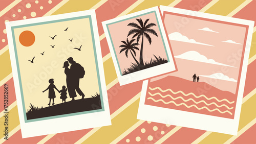 Family Vacation Memories Polaroids Summer Travel Adventure Illustration for Holiday Planning and Tourism Marketing