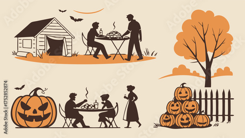 Autumn Halloween Celebration Illustration with Family Gathering Outdoor Dining and Jack O Lantern Decor for Seasonal Marketing and Holiday Content