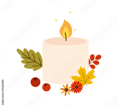 Lit Pillar Candle with Autumn Leaves and Berries Illustration