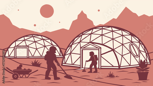 Space Pioneers Cultivating Land Around Geodesic Domes on Mars for Future Planetary Colonization and Sustainable Off-World Living