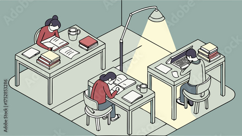 Focused Individuals Studying and Working Diligently in Quiet Isometric Learning Space. Online Education and Remote Work Productivity.