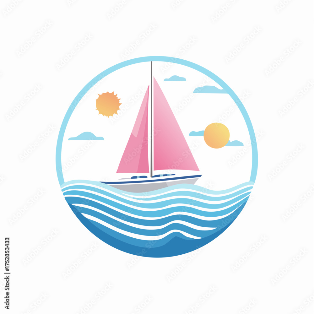 Fototapeta premium Vector Illustration of a Sailing Boat on the Sea.