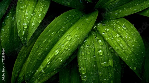 Fresh green leaves glisten with abundant water droplets after a rain shower.