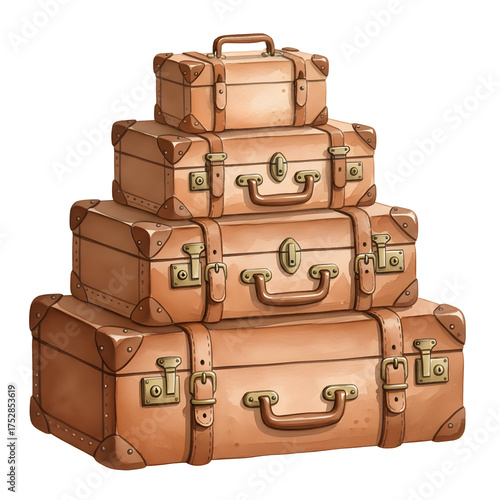 Stack Of Four Vintage Leather Luggage Suitcases In Various Sizes Tan Color