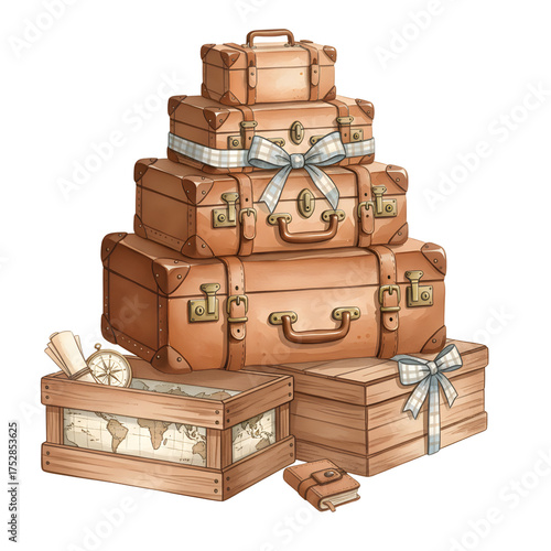 Stack Of Vintage Brown Leather Suitcases And Wooden Crates With Maps And Ribbons On Transparent Background