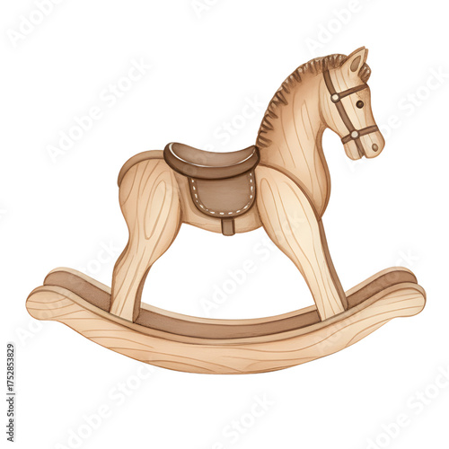 Vintage Wooden Rocking Horse Toy With Leather Saddle And Bridle