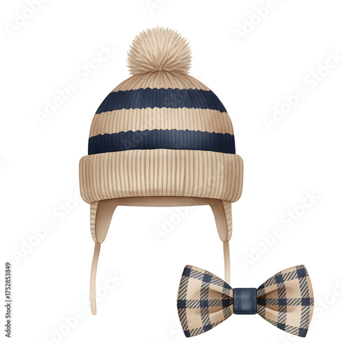 Winter Hat With Pom Pom And Matching Bow Tie For Cold Weather Outfits
