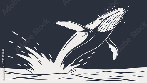 Whale Breaching Ocean Water Splashing Dynamic Graphic Illustration for Nature Conservation Marine Life Travel and Education