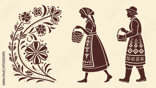 Folk Art Floral Ornament and Traditional Silhouettes of People Gathering with Baskets. Rustic Cultural Design for Web Print.