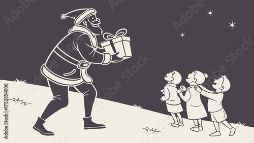 Magical Santa Claus Giving Christmas Gift to Joyful Children Under Starry Night Sky Holiday Illustration