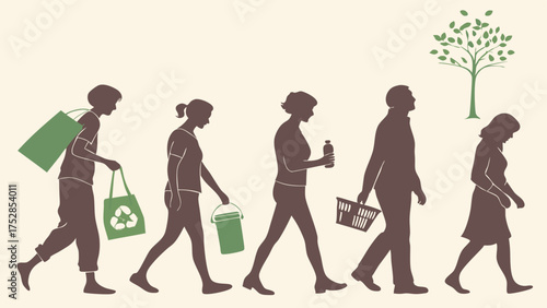 People Silhouettes Walking with Shopping Bags and Recycling Items Towards a Green Tree. Sustainable Consumer Choices, Eco-Friendly Lifestyle, Environmental Responsibility