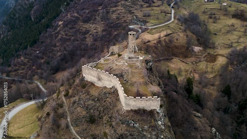 The Castle of Graines Val D'Ayas, Aosta valley, Italy, aerial view