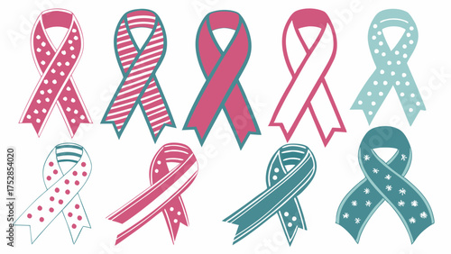 Dotted and Striped Pink and Teal Awareness Ribbons Set. Vector Graphics for Healthcare Marketing, Charity Campaigns, Fundraising, Breast Cancer, Disease Awareness. Hope and