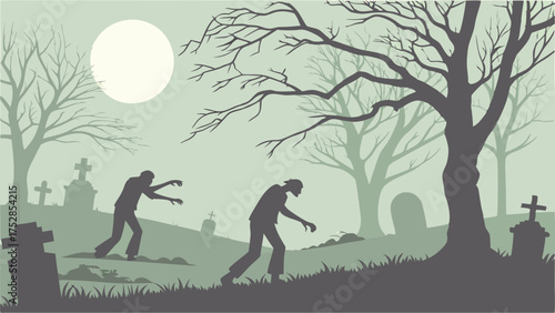 Creepy Zombies Haunting a Moonlit Graveyard with Bare Trees for Halloween Horror Entertainment and Spooky Event Design