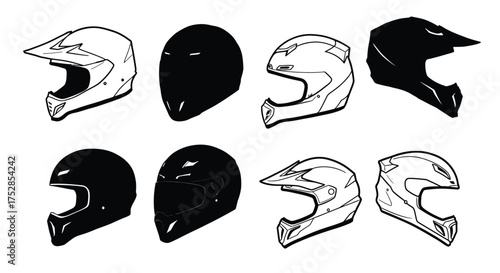 Illustrative vector collection of motorcycle and dirt bike helmets, featuring full-face street and motocross styles. rendered in detailed outlines and bold black silhouettes, symbolizing safety, speed