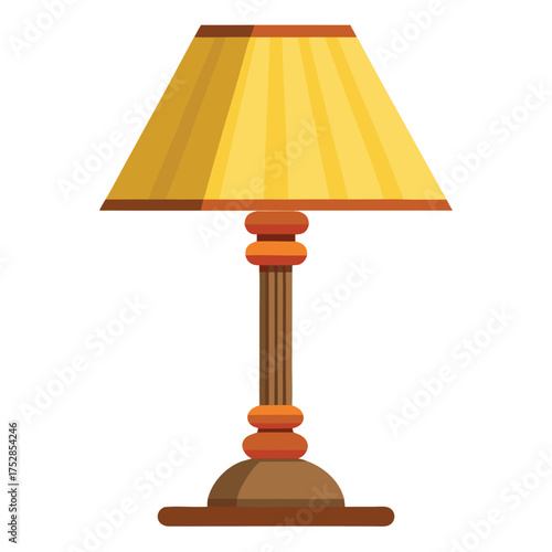 Classic table lamp with a warm yellow lampshade and ornate wooden base