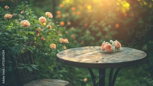 Tranquil Garden Scene with Blooming Roses and Wooden Table at Sunset.