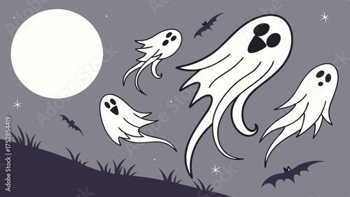 Halloween Night Illustration with Playful Ghosts Flying Under Full Moon and Bats Over Spooky Hill for Party and Event Promotions